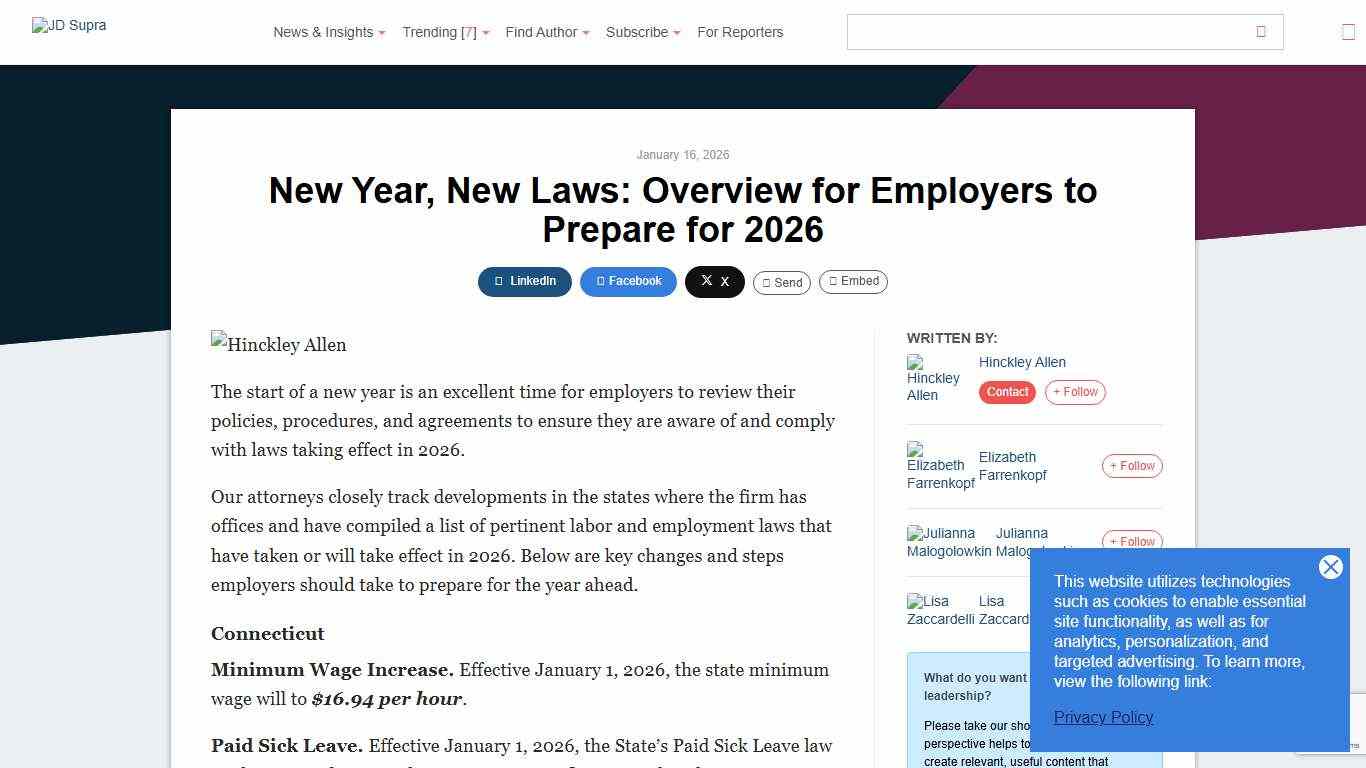New Year, New Laws: Overview for Employers to Prepare for 2026 | Hinckley Allen - JDSupra
